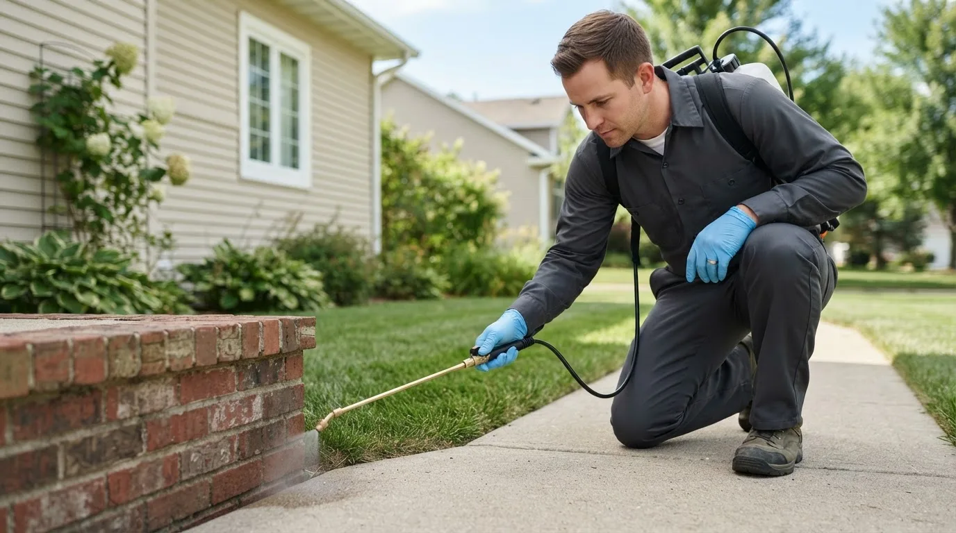 Pest control technician treating a home near Redding, CA